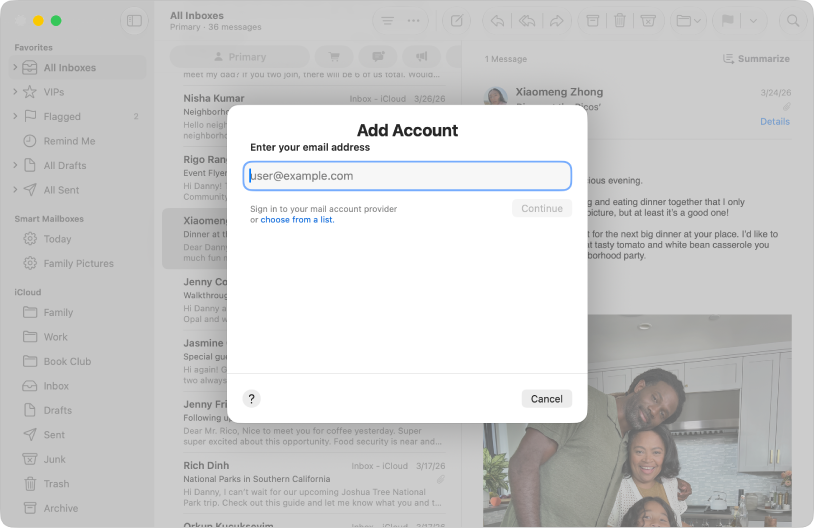Mail on Mac email account addition dialog