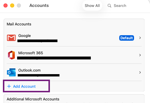 Outlook for Mac Accounts window with Add Account